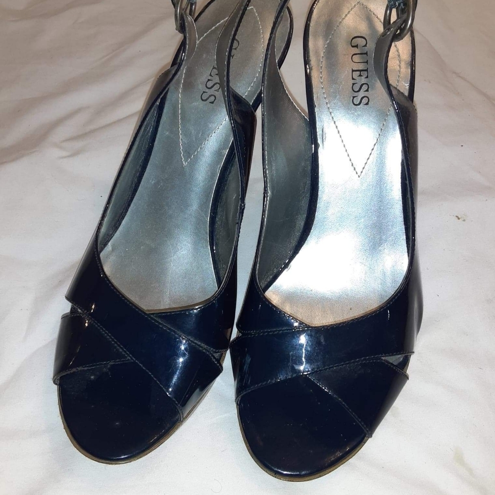 Blue patent leather heels